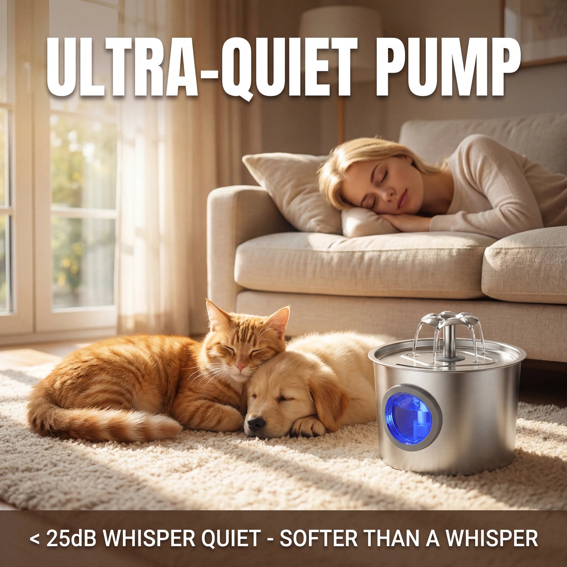 Premium 2.2L Super Silent Stainless Steel Cat Water Dispenser with LED Night Light, 6-Layer Filtration, Automatic Gravity Supply, and Leak-Proof Design - Easy to Install and Clean
