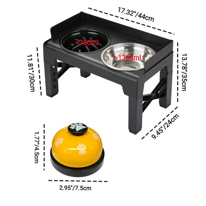 Elevated Dog Bowls, Spill-Proof with Guardrail, Raised Pet Feeder with Fence, Equipped with 1 Slow Feeder Bowl and 2 Stainless Steel Bowls, 5-Height Adjustable Raised Dog Bowl Stand