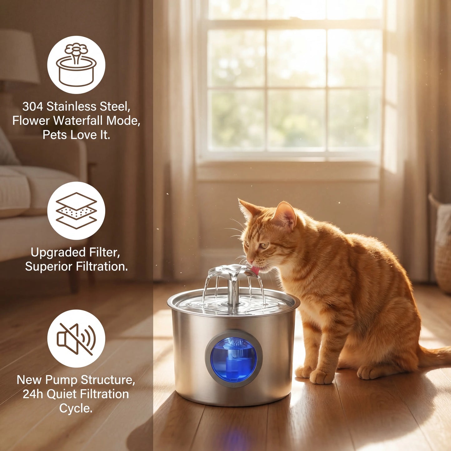 Premium 2.2L Super Silent Stainless Steel Cat Water Dispenser with LED Night Light, 6-Layer Filtration, Automatic Gravity Supply, and Leak-Proof Design - Easy to Install and Clean
