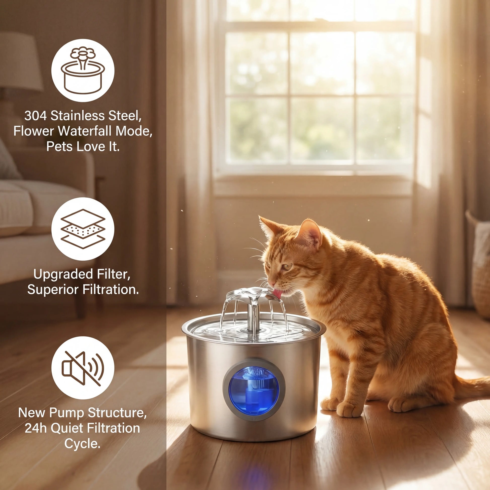 Premium 2.2L Super Silent Stainless Steel Cat Water Dispenser with LED Night Light, 6-Layer Filtration, Automatic Gravity Supply, and Leak-Proof Design - Easy to Install and Clean