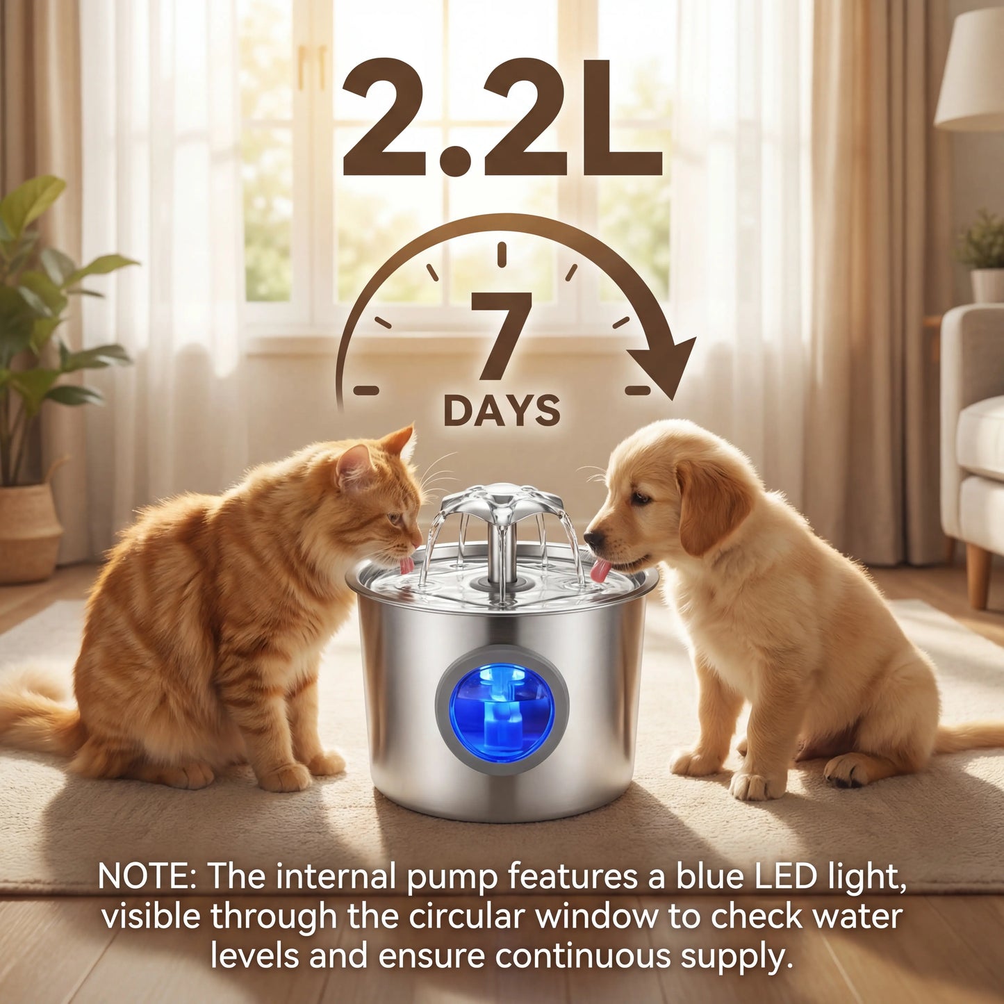 Premium 2.2L Super Silent Stainless Steel Cat Water Dispenser with LED Night Light, 6-Layer Filtration, Automatic Gravity Supply, and Leak-Proof Design - Easy to Install and Clean