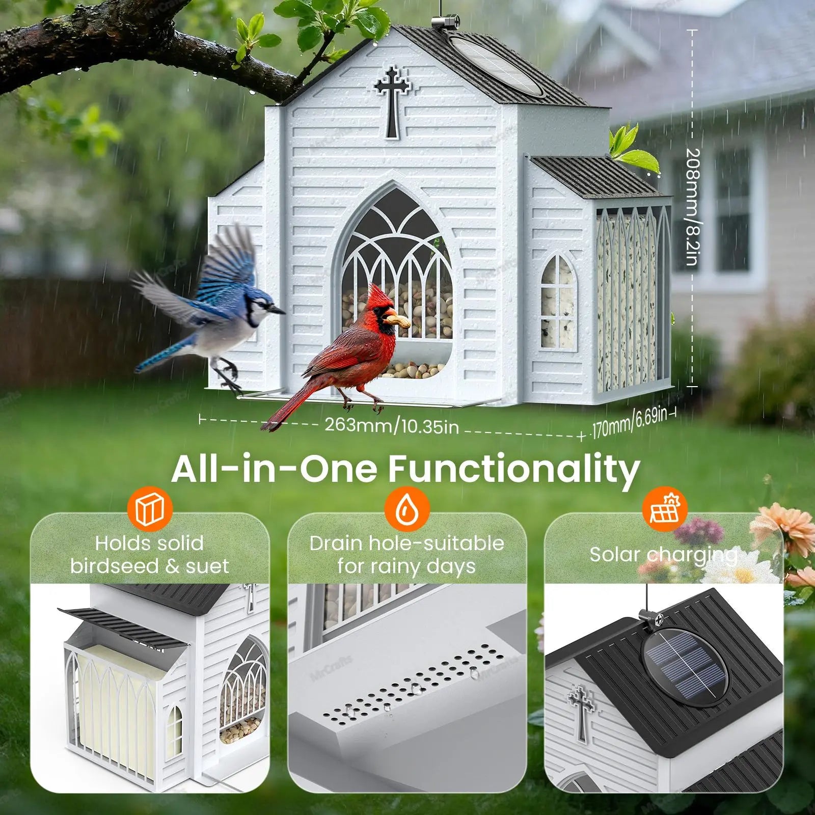 Mrcrafts Solar Church-Shaped Metal Bird Feeder, 10.35'' * 6.69'' * 8.2'', Hanging Outdoor Feeder, 4Lb Large Capacity & Bird Suet Design, Weatherproof, Garden/Yard/Deck Decor & Unique Gift for Christmas & Mother'S Day Summervi