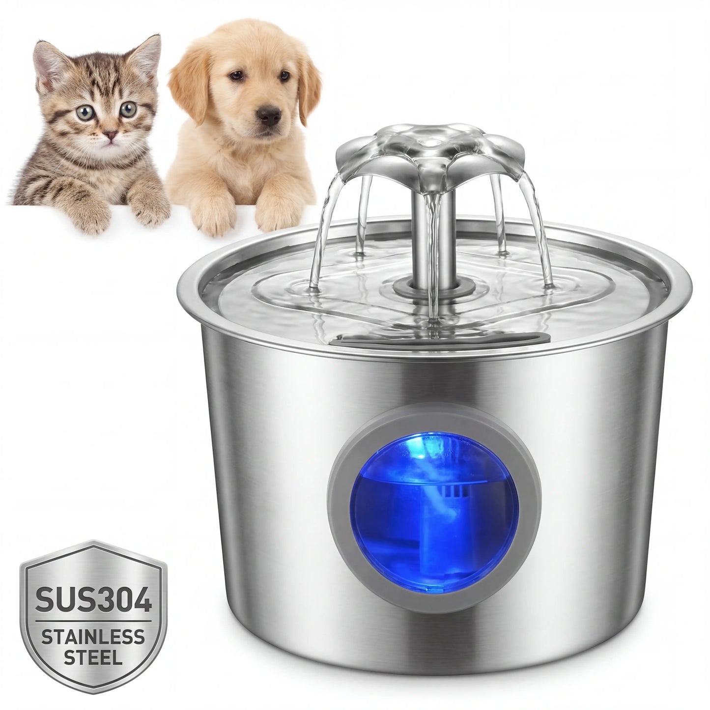 Premium 2.2L Super Silent Stainless Steel Cat Water Dispenser with LED Night Light, 6-Layer Filtration, Automatic Gravity Supply, and Leak-Proof Design - Easy to Install and Clean