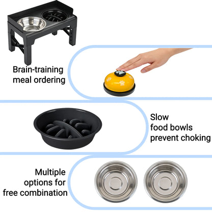 Elevated Dog Bowls, Spill-Proof with Guardrail, Raised Pet Feeder with Fence, Equipped with 1 Slow Feeder Bowl and 2 Stainless Steel Bowls, 5-Height Adjustable Raised Dog Bowl Stand
