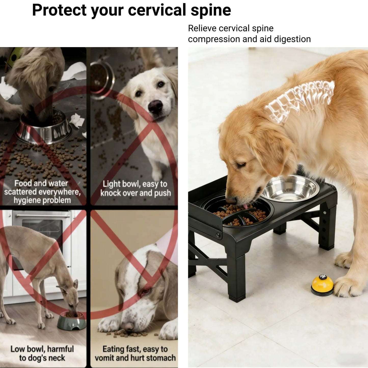 Elevated Dog Bowls, Spill-Proof with Guardrail, Raised Pet Feeder with Fence, Equipped with 1 Slow Feeder Bowl and 2 Stainless Steel Bowls, 5-Height Adjustable Raised Dog Bowl Stand