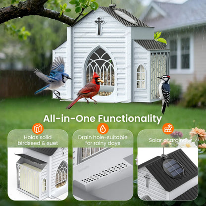 Mrcrafts Solar Church-Shaped Metal Bird Feeder, 10.35'' * 6.69'' * 8.2'', Hanging Outdoor Feeder, 4Lb Large Capacity & Bird Suet Design, Weatherproof, Garden/Yard/Deck Decor & Unique Gift for Christmas & Mother'S Day Summervi